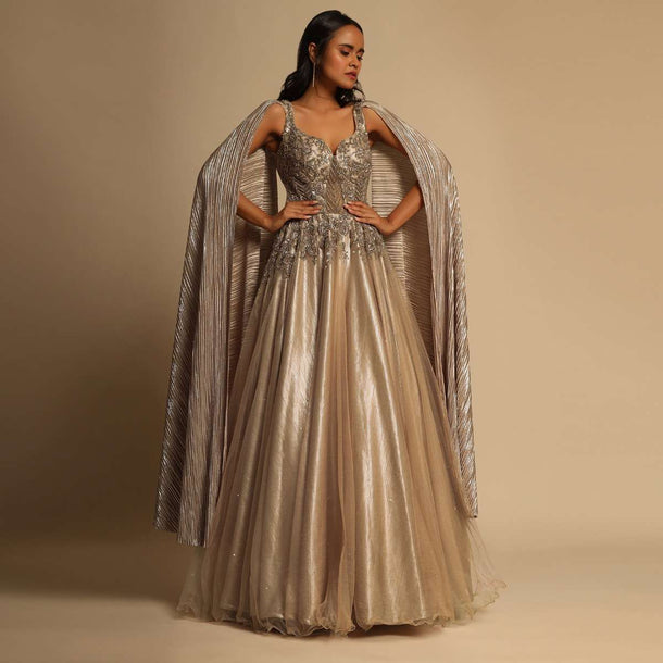 Peach Champagne Gown In Net With Zardosi And Sequins Embroidered Bodice And Shimmer Drape On Both Shoulders Online - Kalki Fashion