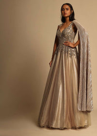 Peach Champagne Gown In Net With Zardosi And Sequins Embroidered Bodice And Shimmer Drape On Both Shoulders Online - Kalki Fashion