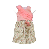 Peach Crop Top In Cotton Silk With Ruffle Frill And Floral Embroidered Lehenga By Fayon Kids