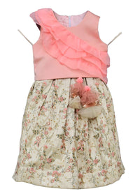 Peach Crop Top In Cotton Silk With Ruffle Frill And Floral Embroidered Lehenga By Fayon Kids