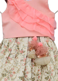 Peach Crop Top In Cotton Silk With Ruffle Frill And Floral Embroidered Lehenga By Fayon Kids