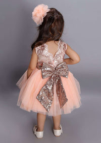 Peach Dress In Net With Embroidered Golden Bodice And Sequins Bow On The Back Online - Kalki Fashion