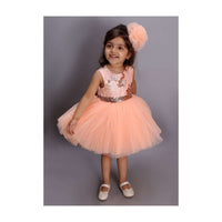 Peach Dress In Net With Embroidered Golden Bodice And Sequins Bow On The Back Online - Kalki Fashion