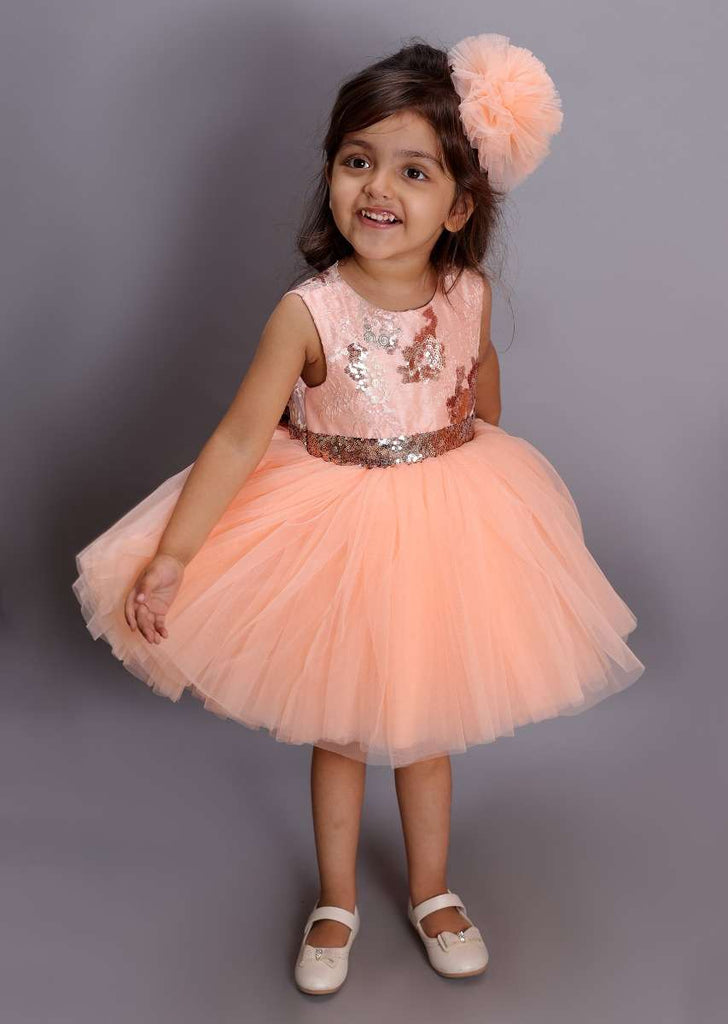 Peach Dress In Net With Embroidered Golden Bodice And Sequins Bow On The Back Online - Kalki Fashion