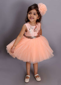 Peach Dress In Net With Embroidered Golden Bodice And Sequins Bow On The Back Online - Kalki Fashion