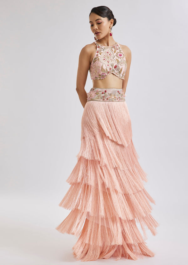 Peach Embroidered Blouse With Fringed Skirt Set
