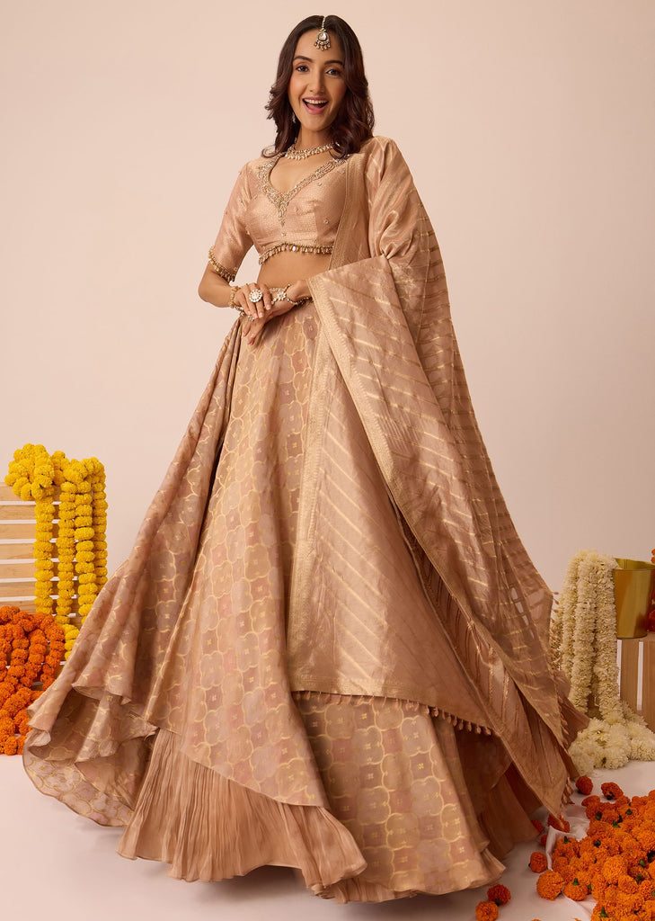 Peach Embroidered Blouse With Ruching Lehenga And Tassel Dupatta