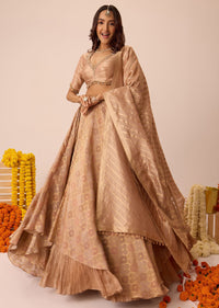 Peach Embroidered Blouse With Ruching Lehenga And Tassel Dupatta