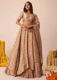 Peach Embroidered Blouse With Ruching Lehenga And Tassel Dupatta