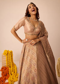 Peach Embroidered Blouse With Ruching Lehenga And Tassel Dupatta