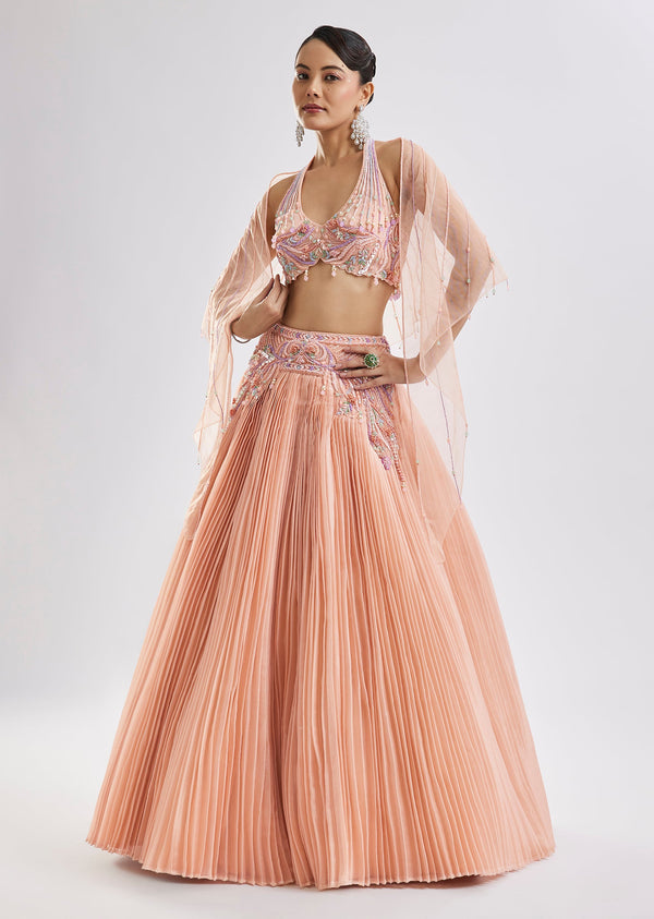 Peach Embroidered Lehenga Set With Dupatta