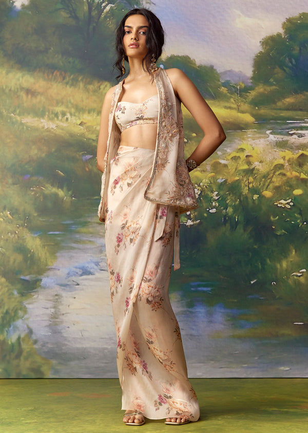 Peach Embroidered Organza Jacket Skirt Set