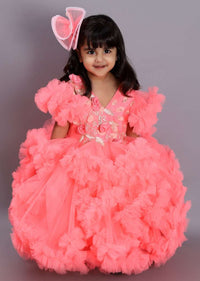 Peach Fancy Ruffle Gown In Net With Embellished 3D Flowers On The Bodice Online - Kalki Fashion