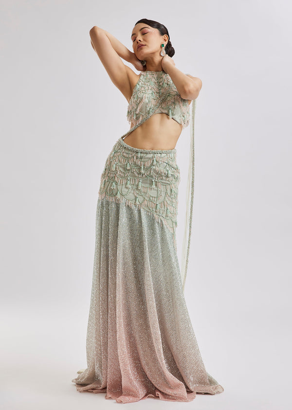 Peach Fish Cut Lehenga Set With Attached Dupatta