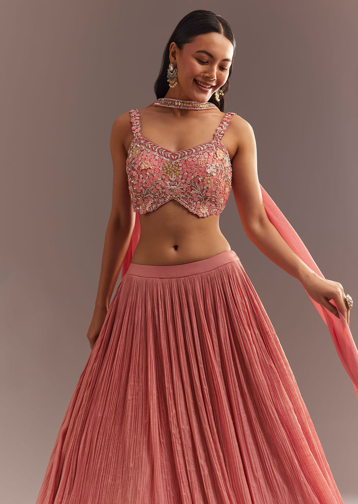 Peach French Tissue Lehenga Choli With Choker Dupatta