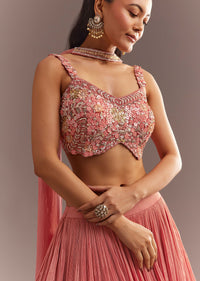 Peach French Tissue Lehenga Choli With Choker Dupatta