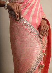 Peach Georgette Saree With Weaved Stripes All Over Online - Kalki Fashion