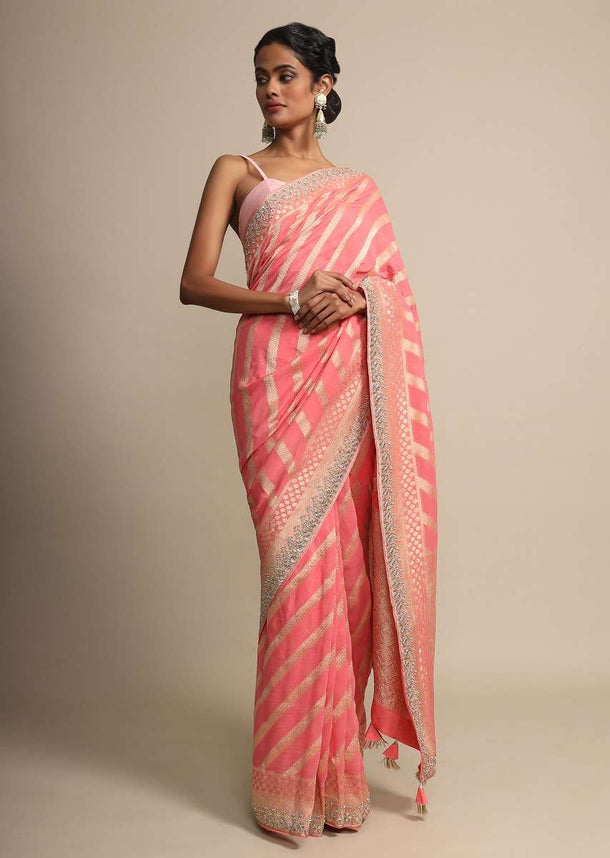 Peach Georgette Saree With Weaved Stripes All Over Online - Kalki Fashion