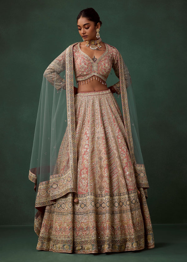 Peach Kali Bridal Lehenga Set with Cutdana Work