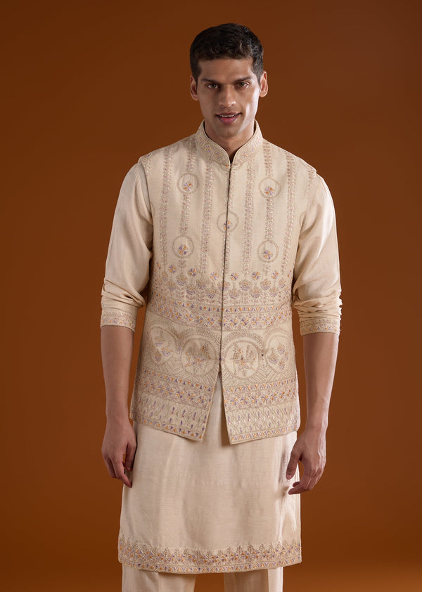Peach Kurta Jacket Set With Dori And Thread Detail Work