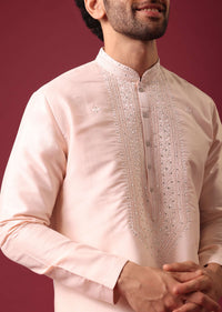 Peach Kurta Set In Silk with Mirror Work