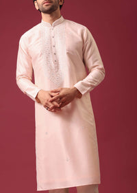 Peach Kurta Set In Silk with Mirror Work