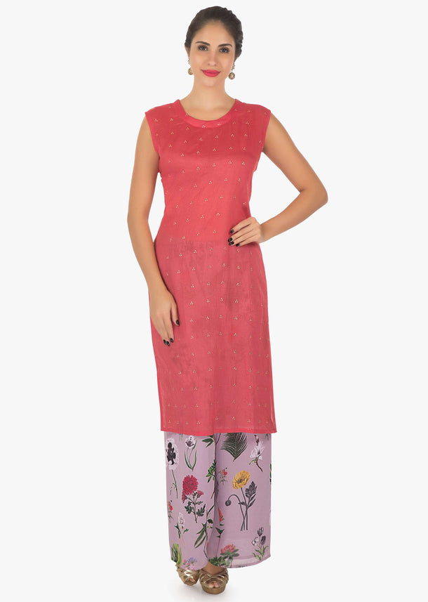 Peach kurti with floral print cotton palazzo and jacket only on kalki