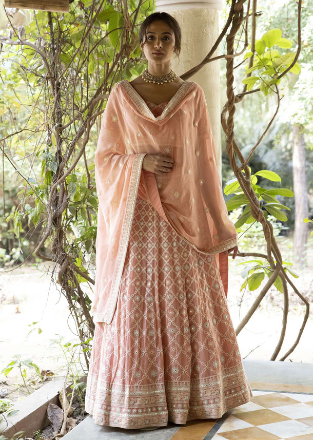 Peach Lehenga Choli In Georgette With Lucknowi Embroidery And Mirror Accents Online - Kalki Fashion