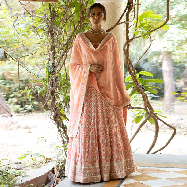 Peach Lehenga Choli In Georgette With Lucknowi Embroidery And Mirror Accents Online - Kalki Fashion