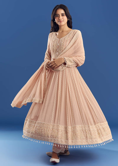 Peach Moti Beads Georgette Anarkali Set With Tassel Dupatta