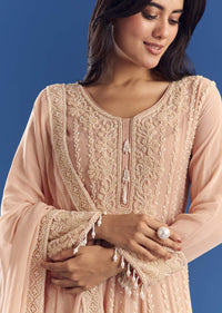 Peach Moti Beads Georgette Anarkali Set With Tassel Dupatta