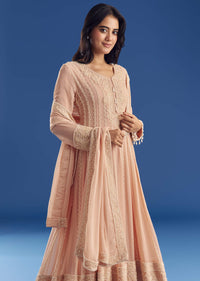 Peach Moti Beads Georgette Anarkali Set With Tassel Dupatta