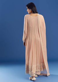 Peach Moti Beads Georgette Anarkali Set With Tassel Dupatta