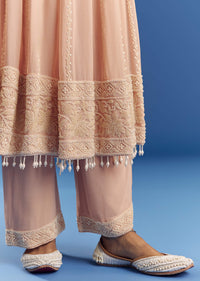 Peach Moti Beads Georgette Anarkali Set With Tassel Dupatta