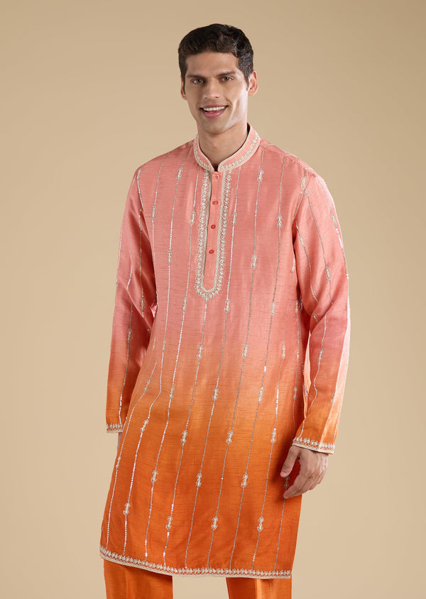Peach Ombre Hand Embroidered Kurta With Dupatta And Pants