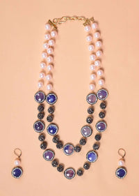 Peach Pearls And Blue Stone Studded Beads Double Layer Necklace And Earrings Set Online - Kalki Fashion