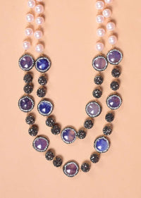 Peach Pearls And Blue Stone Studded Beads Double Layer Necklace And Earrings Set Online - Kalki Fashion