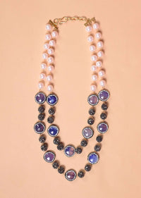 Peach Pearls And Blue Stone Studded Beads Double Layer Necklace And Earrings Set Online - Kalki Fashion