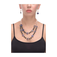 Peach Pearls And Blue Stone Studded Beads Double Layer Necklace And Earrings Set Online - Kalki Fashion