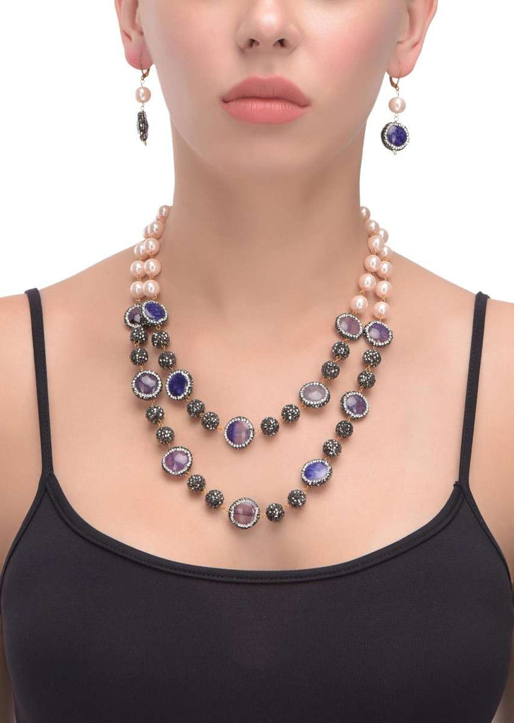 Peach Pearls And Blue Stone Studded Beads Double Layer Necklace And Earrings Set Online - Kalki Fashion