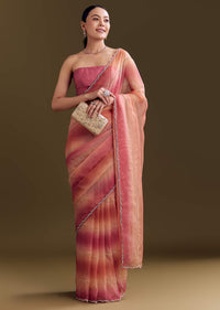 Peach Pink Glass Tissue Saree With Stone And Cutdana Embroidery
