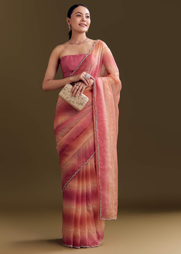 Peach Pink Glass Tissue Saree With Stone And Cutdana Embroidery