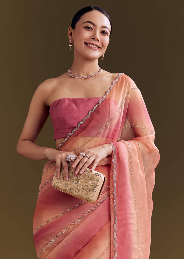 Peach Pink Glass Tissue Saree With Stone And Cutdana Embroidery