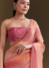 Peach Pink Glass Tissue Saree With Stone And Cutdana Embroidery