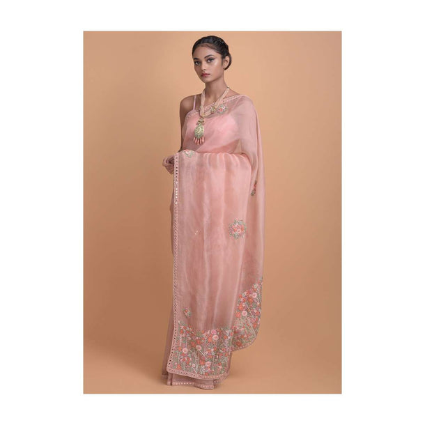 Peach Pink Saree In Organza With Hand Embroidered Thread And Sequins Buttis Online - Kalki Fashion