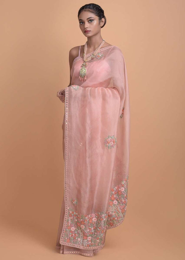 Peach Pink Saree In Organza With Hand Embroidered Thread And Sequins Buttis Online - Kalki Fashion