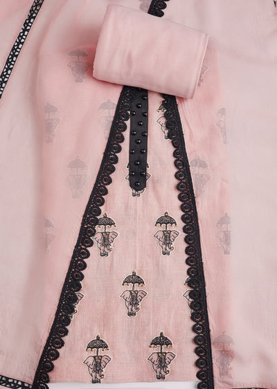 Peach Printed Cotton Unstitched Suit Set With Dupatta