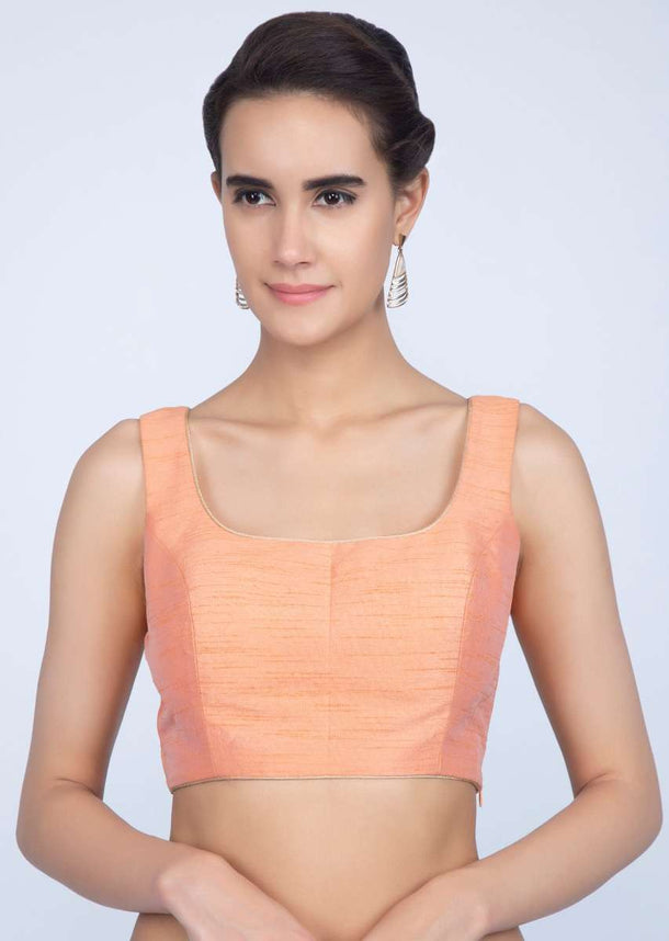 Peach Blouse In Raw Silk With Golden Piping