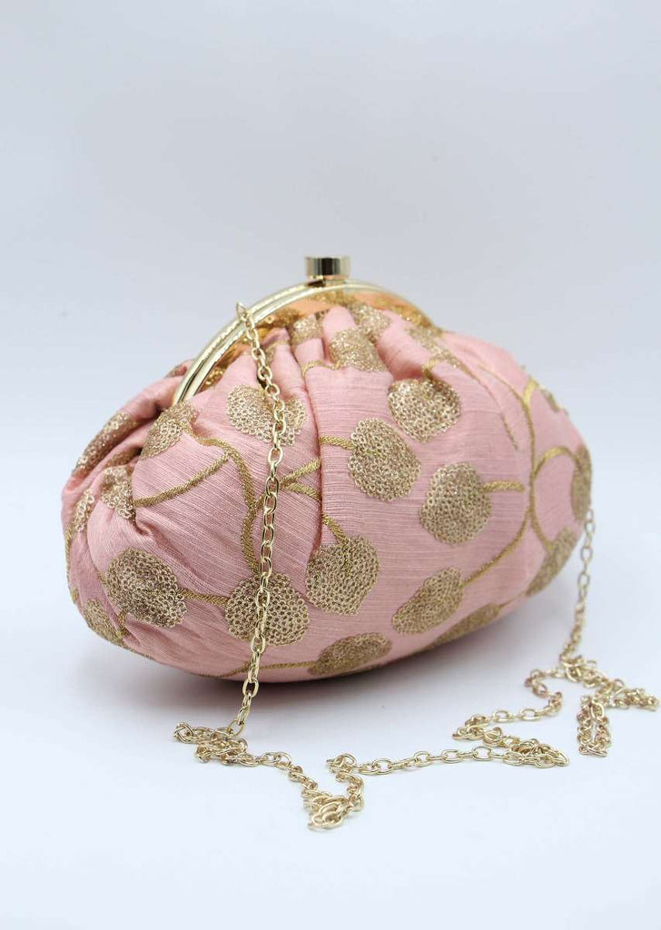 Peach raw silk embroidered curvaceous clutch 