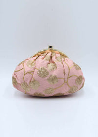 Peach raw silk embroidered curvaceous clutch 